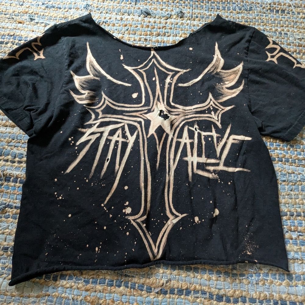 Friends Please Stay Alive Bleach Graphic Tee Black Thrashed Goth Punk DIY Emo - Picture 3 of 5